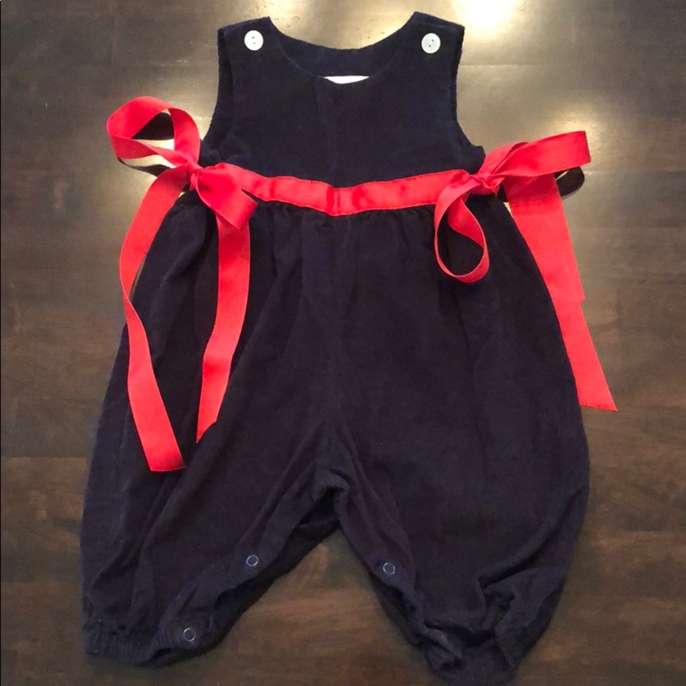 Navy Corduroy Jumper with red tie bows